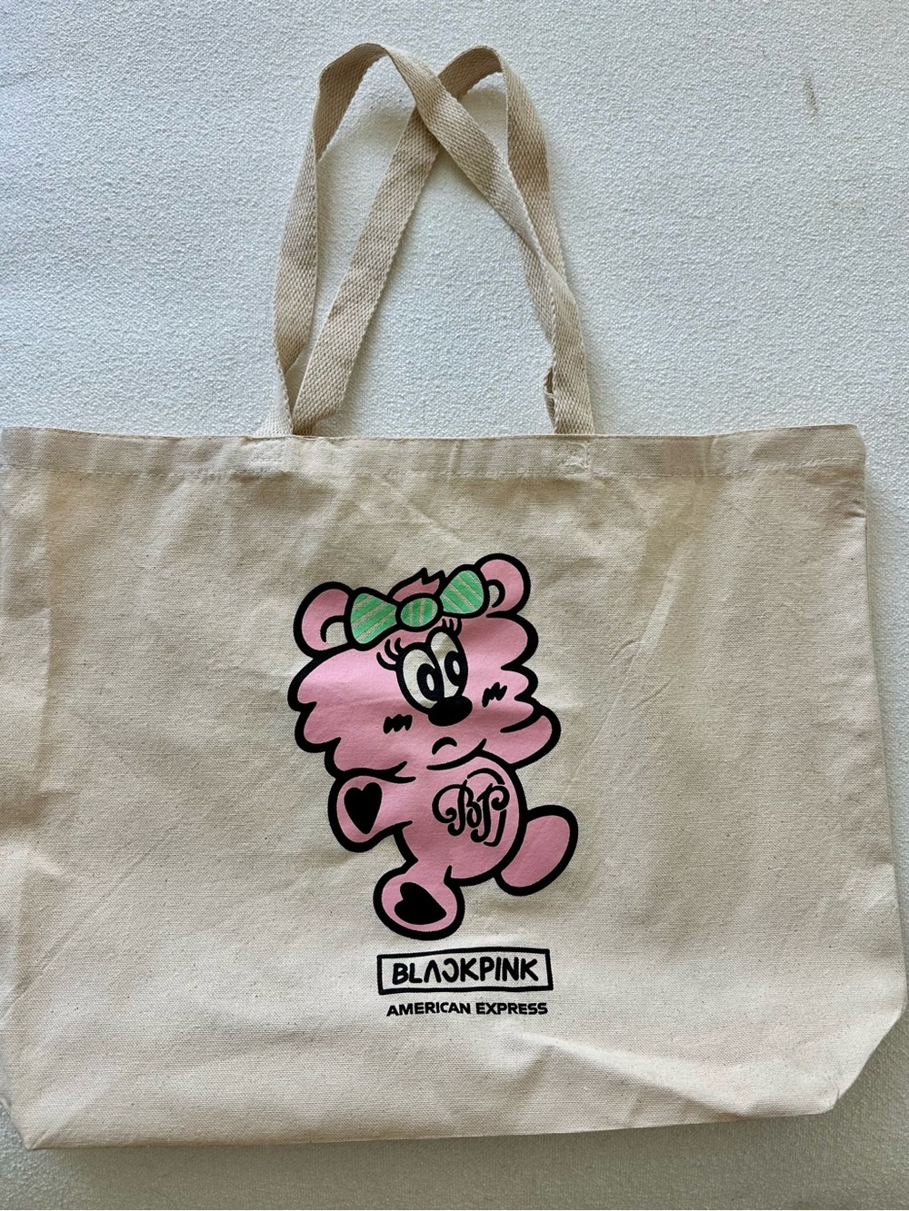 Beige Canvas Tote with Pink Bear Graphic